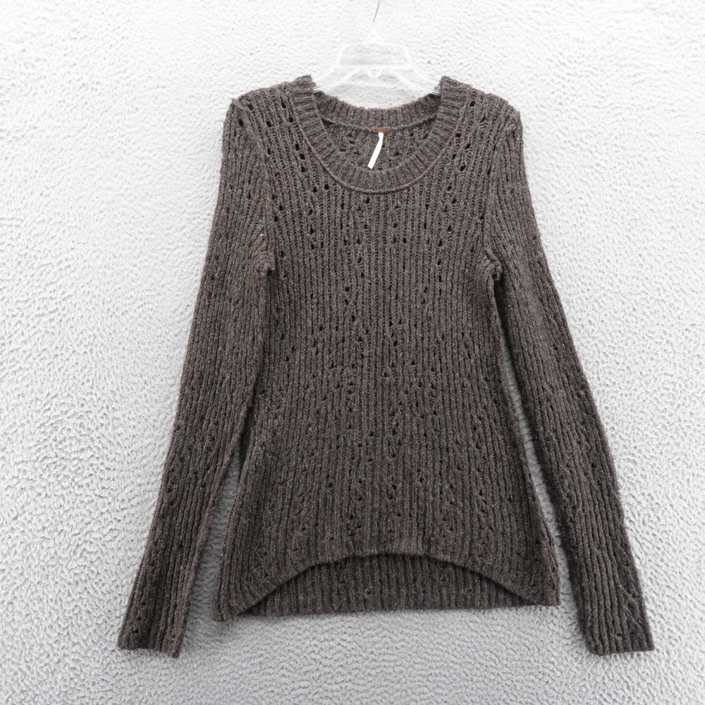 Free People Open Knit Tunic‎ Sweater Medium Brown Wool Blend Women Scoop Neck